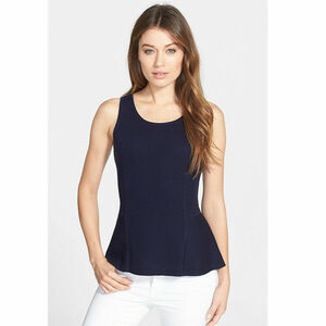 Eileen Fisher Silk Cotton Interlock Peplum Tank Top Blue Women's Size Medium
